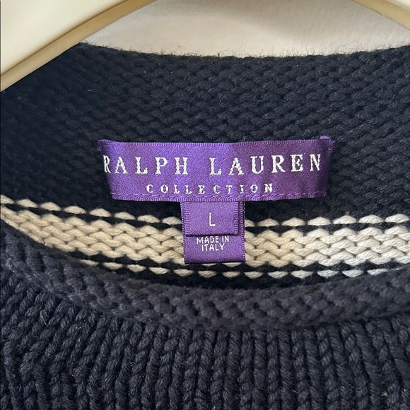 Ralph Lauren Purple Label Black and Cream Striped Crewneck Sweater L / M - Picture 2 of 5
